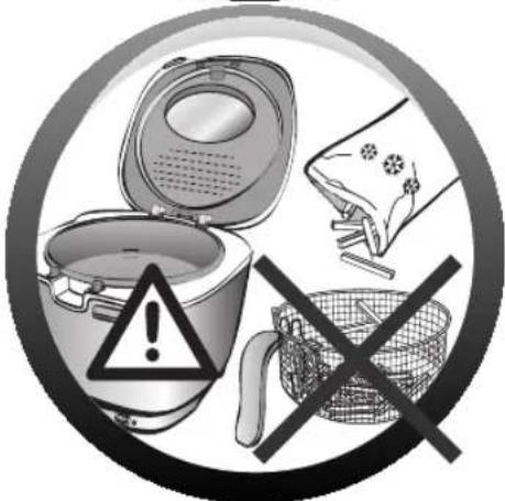 Warning sign with pictograms of a rice cooker, food item, and crossed-out basket, indicating hazardous or hazardous use.