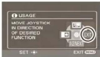 I USAGE MOVE JOYSTICK IN DIRECTION OF DESIRED FUNCTION EXIT NEXT SET EXIT MENU