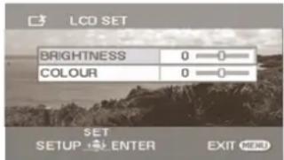 LCD SET BRIGHTNESS 0 —— 0 —— COLOUR 0 —— 0 —— SET SETUP → ← ENTER EXIT ⬆