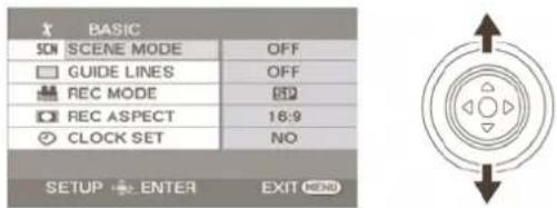 BASIC SON SCENE MODE OFF GUIDE LINES OFF REC MODE 89 REC ASPECT 16:9 CLOCK SET NO SETUP ENTER EXIT MENU