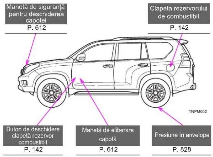 Manetă de siguranță pentru deschiderea capotei P. 612 Clapeta rezervorului de combustibil P. 142 Buton de deschidere clapetă rezervor combustibil P. 142 Manetă de eliberare capotă P. 612 Presiune în anvelope P. 828 ITNPM002