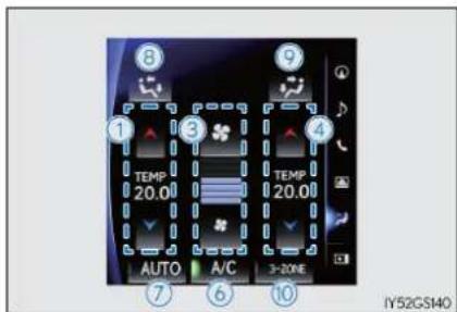 ① TEMP 20.0 AUTO A/C 3-20E ② ③ ④ ⑤ ⑥ ⑦ IY52GS140 ⑧ ⑨ TEMP 20.0 TEMP 20.0
