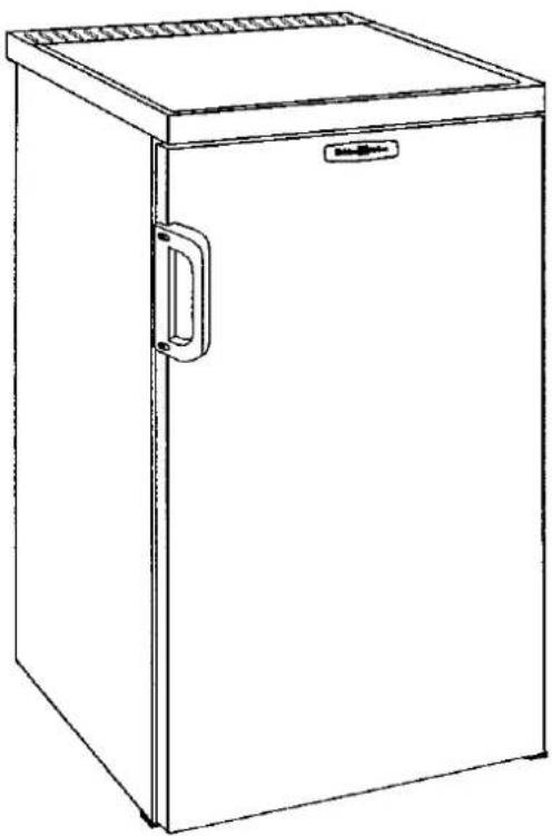 Line drawing of a simple refrigerator with lid and handle (no text or symbols)