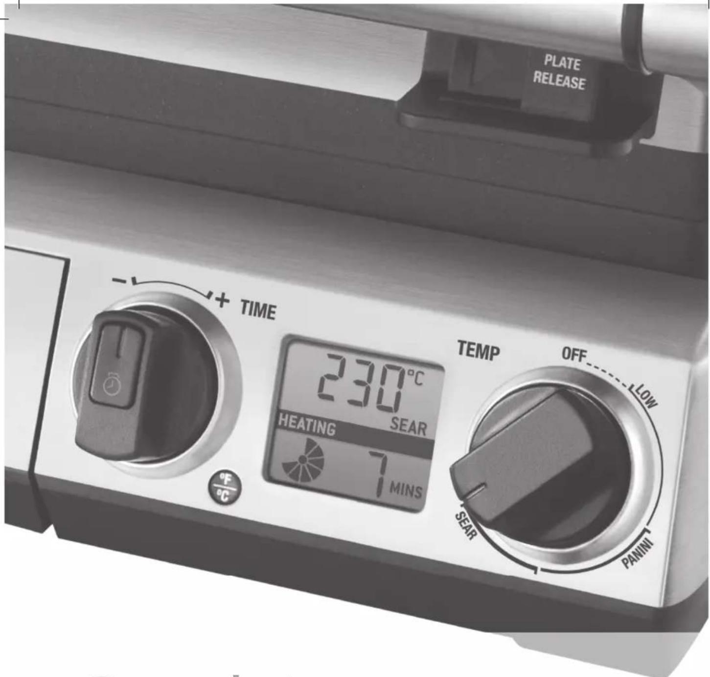 PLATE RELEASE -1+ TIME 230°C SEAR HEATING 7 MINS TEMP OFF LOW SEAR PANINI