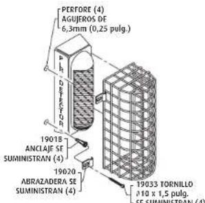 PERFORE (4) AGUJEROS DE 6,3mm (0,25 pulg.) 1901B ANCIAGE SE SUMINISTRAN (4) 19020 ABRAZADERA SE SUMINISTRAN (4) 19033 TORNILLO ø 10 x 1,5 pulg. SE SUMINISTRAN (4)