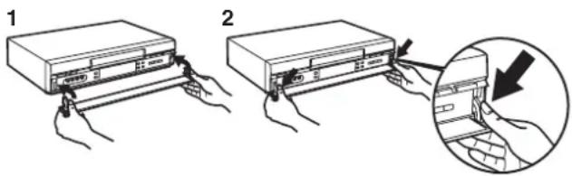 Diagram showing two steps of installing a device with labeled components, including a magnified inset highlighting the interior mechanism.