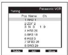 Tuning Panasonic VCR Pos Name Ch 1 ARD 1 2 ZDF 2 3 N 3 1 9 4 HRS 26 5 BR3 18 6 R33 3 7 SF B3 38 8 SW3 29 Details Edit View