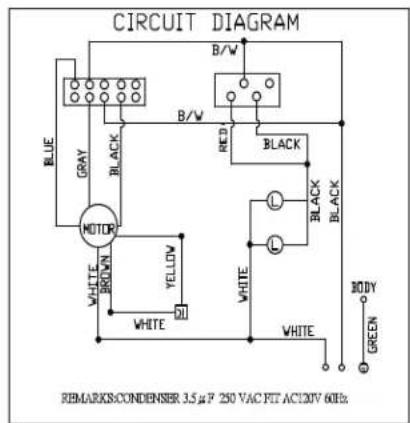 CIRCUIT DIAGRAM BLUE GRAY BLACK B/W MOTOR WHITE B/W RED BLACK BLACK WHITE L L WHITE BODY GREEN REMARKS:CONDENSER 3.5 μF 250 VAC FIT AC130V 60Hz