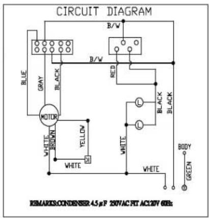 CIRCUIT DIAGRAM BLUE GRAY BLACK B/W B/W RED MOTOR WHITE BROWN YELLOW WHITE L L WHITE BLACK BLACK BODY GREEN EMARKS:CONDENSER 4.5μF 20VAC RT AC120V 60Hz