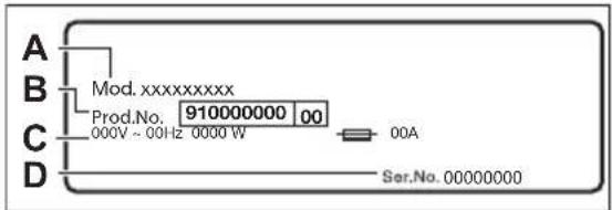 A B Mod. xxxxxxxxxxx Prod.No. 910000000 00 C 000V ~ 00Hz 0000 W 00A D Ser.No. 00000000
