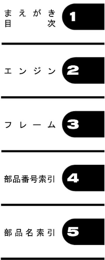 まえがき 目次 1 エンジン 2 フレーム 3 部品番号索引 4 部品名索引 5