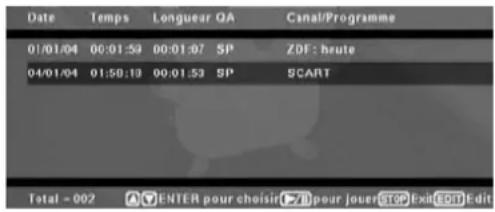 Date Temps Longueur QA Canal/Programme 01/01/04 00:01:59 00:01:07 SP ZDF : haute 04/01/04 01:50:10 00:01:53 SP SCART Total = 002 ENTER pour choisir ▶ pour jouer STOP Exit EDIT Edit