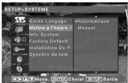 SETUP>SYSTEME Guide Langage Mettre a l'heure Info System Factory Default Installation De P Synchro de tem ✓Automatique Manuel Move. ENTER Choisi SETUP Sortie