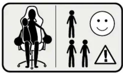 Safety warning sign showing a person in an office chair with corresponding visual icons for smiley face, warning symbol, and warning triangle.