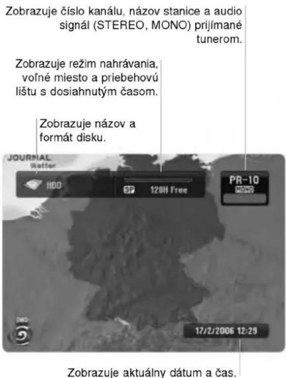 Zobrazuje číslo kanálu, názov stanice a audio signál (STEREO, MONO) prijímané tunerom. Zobrazuje režim nahrávania, voľné miesto a priebehovú lištu s dosiahnutým časom. Zobrazuje názov a formát disku. JOURNAL Wetter HDD SP 120H Free PR-10 MONO 17/2/2006 12:29 Zobrazuje aktuálny dátum a čas.