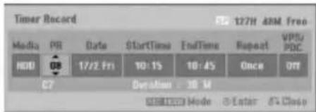 Timer Record PS 127H ARM Free Media PR Date StartTime EndTime Repeat VPS/ HDD OB 17/2 Fri 10:15 10:45 Once Off C7 Duration: 10 M SHELLER Mode Enter OK Close