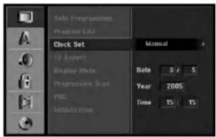 Auto Programmes Programs List Clock Set TV Aspect Display Mode Progressive Size FSC Internalization Manual Rate 3 / 5 Year 2005 Time 15 : 15
