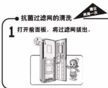 ● 抗菌过滤网的清洗 1 打开前面板,将过滤网拔出。