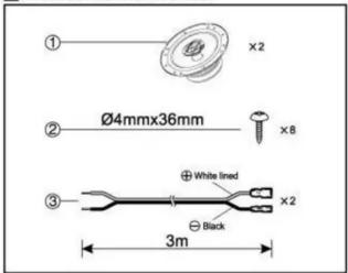 ① x2 ② Ø4mmx36mm x8 ③ ⊕ White lined x2 ⊖ Black 3m