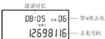 通话时长 08:05 去电 06 第6组去电 星期三 12698116 去电号码