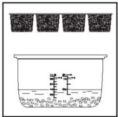 Diagram showing a container with liquid and particles, above four labeled containers, likely illustrating a physical or chemical process.