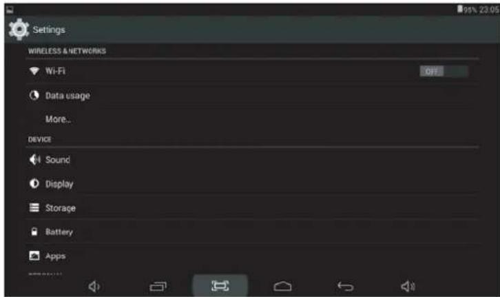 Settings WIRELESS & NETWORKS Wi-Fi Data usage More... device Sound Display Storage Battery Apps