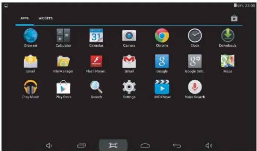 APPS WIDGETS Browser Calculator Calendar Camera Chrome Clock Downloads Email File Manager Flash Player... Gmail Google Google Sett... Maps Play Music Play Store Search Settings UHD Player Voice Search
