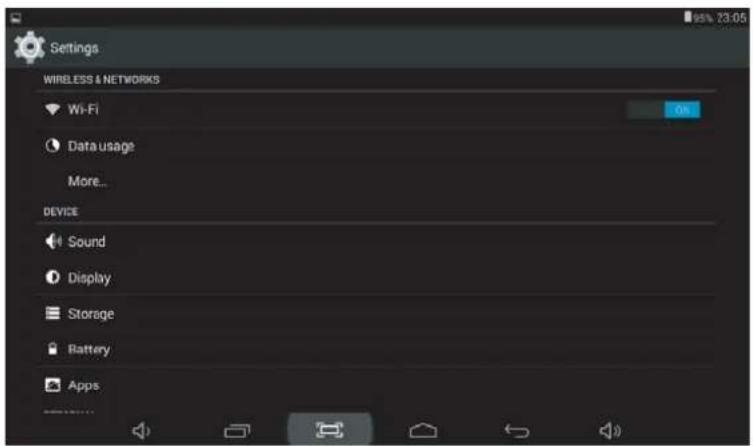 Settings WIRELESS & NETWORKS Wi-Fi Data usage More... DEVICE Sound Display Storage Battery Apps