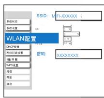 系统状态 系统设置 WLAN配置 SSHCP管理 网络过渡设置 端子图 WPS设置 短信 帮助 退出 SSID: MFI-XXXXXX ; 密码: xxxxxxxxx