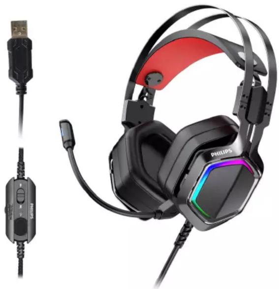 Črna slušalka Philips 3.2 z rdečim naglavnim trakom in priključenim avdio kablom (brez vidnega besedila ali simbolov)