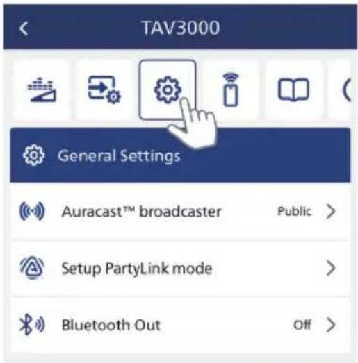 TAV3000 General Settings Auracast™ broadcaster Public > Setup PartyLink mode > Bluetooth Out Off >