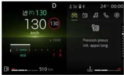 130 130 km/h x 1000 eco 510 km D 24°C 00:00 Pression pneus init. appui long