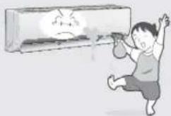 Cartoon illustration of a child reacting to a falling air conditioner with a sad face (no text or symbols)