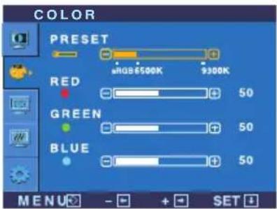 COLOR PRESET RGB6500K 9300K RED 50 GREEN 50 BLUE 50 MENU - + SET