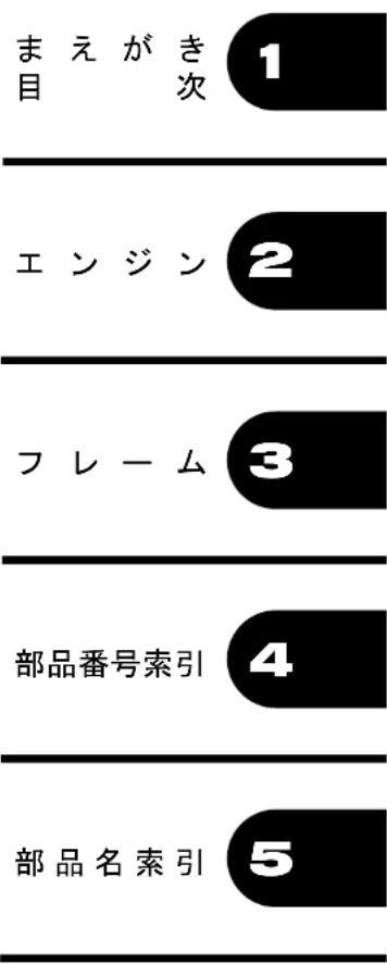 まえがき 目次 1 エンジン 2 フレーム 3 部品番号索引 4 部品名索引 5