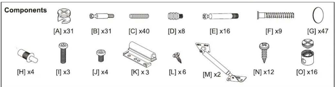 Components [A] x31 [B] x31 [C] x40 [D] x8 [E] x16 [F] x9 [G] x47 [H] x4 [I] x3 [J] x4 [K] x3 [L] x6 [M] x2 [N] x12 [O] x16