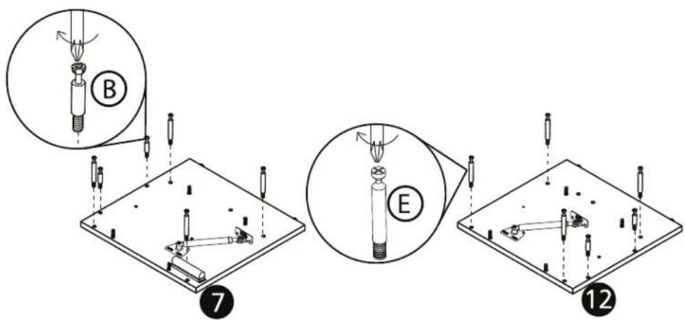 Diagram illustrating three steps of a soldering or testing procedure, labeled B, E, and 7, with numbered components.