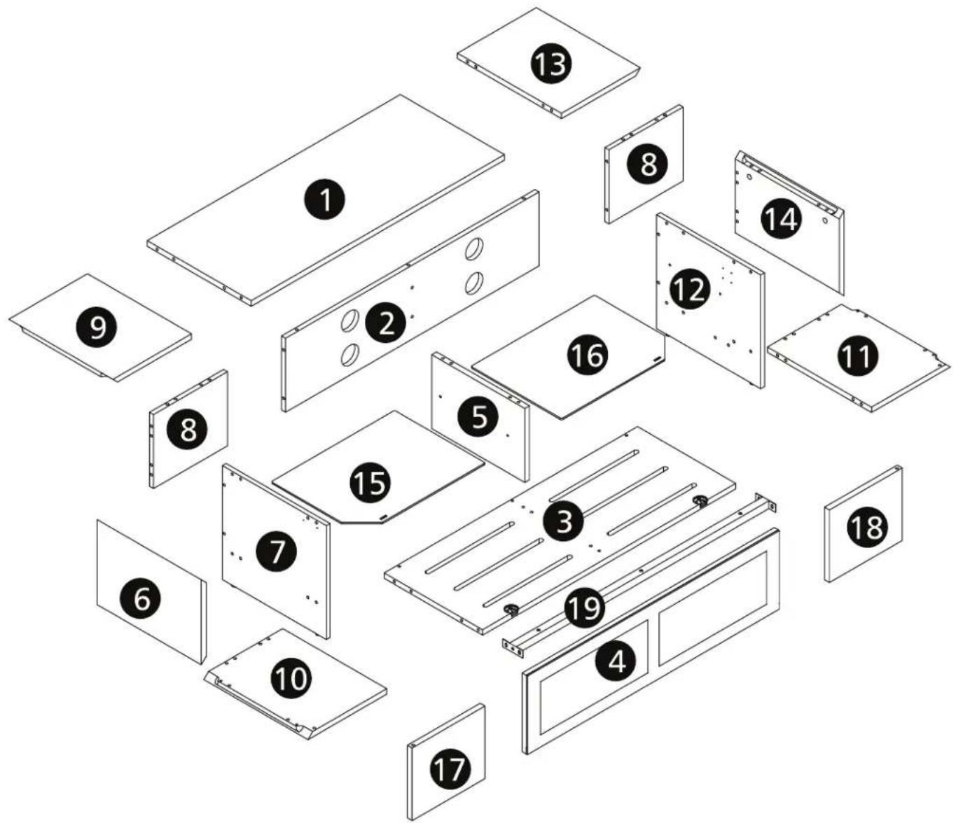 Exploded view diagram of a multi-chamber electronic device with numbered compartments and labeled parts