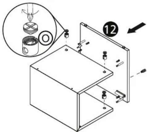 Technical diagram showing assembly of a box with labeled parts and a magnified inset of a mechanical component.