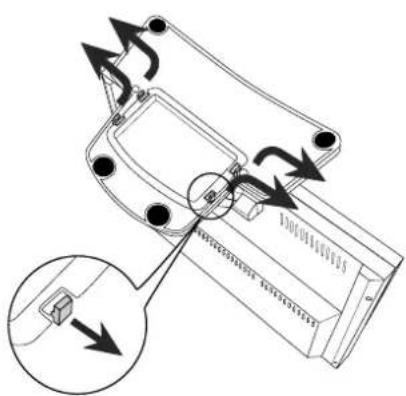 Technical diagram of a handheld device with labeled components and directional arrows indicating motion or assembly.