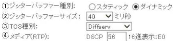 ①ジッターバッファー種別: ○スタティック ●ダイナミック ②ジッターバッファーサイズ: 40 ミリ秒 ③TOS種別: Diffserv ④メディア(RTP): DSCP 56 16進表示:E0