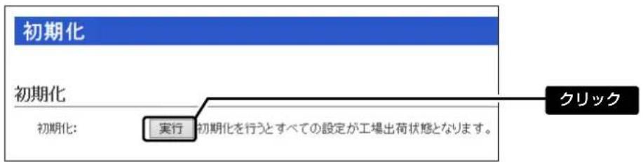 初期化 初期化 初期化: 実行 初期化を行うとすべての設定が工場出荷状態となります。 クリック