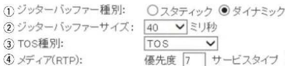 ① ジッターバッファー種別: ○スタティック ● ダイナミック ② ジッターバッファーサイズ: 40 ミリ秒 ③ TOS種別: TOS ④ メディア(RTP): 優先度 7 サービスタイプ