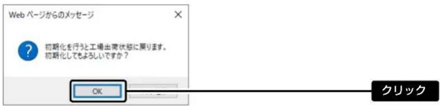 Web ページからのメッセージ ? 初期化を行うと工場出荷状態に図ります。 初期化してもよろしいですか? OK クリック