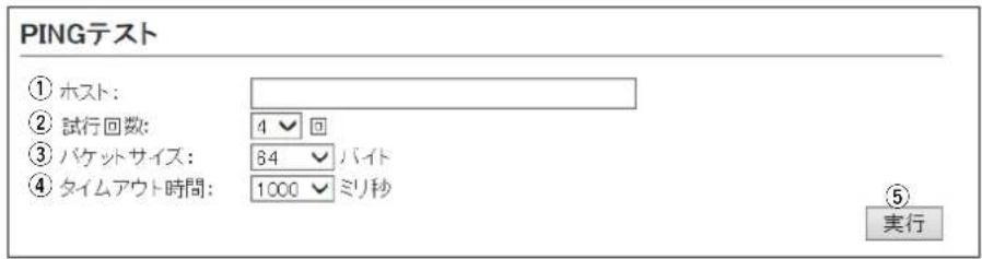 PINGテスト ① ホスト: ② 試行回数: 4 √ 回 ③ パケットサイズ: 84 √ バイト ④ タイムアウト時間: 1000 √ ミリ秒 ⑤ 実行