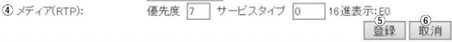 ④ メディア(RTP): 優先度 7 サービスタイプ 0 16進表示:E0 ⑤ 登録 取消