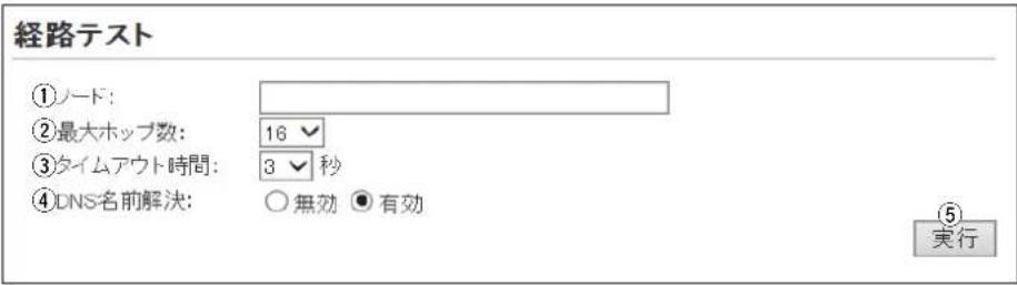経路テスト ①ノード: ②最大ホップ数: 16 ③タイムアウト時間: 3 シ ④DNS名前解決: ○無効 ●有効 ⑤ 実行