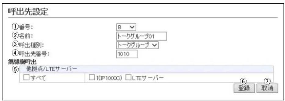 呼出先設定 ①番号: 8 ②名前: トークグループ01 ③呼出種別: トークグループ ④呼出先番号: 1010 無線機呼出 ⑤ 他拠点/LTEサーバー □すべて □1(JP1000C) □LTEサーバー ⑥ 登録 取消