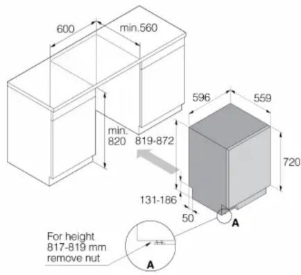 600 min.560 596 559 720 min. 820 819-872 131-186 50 A For height 817-819 mm remove nut A