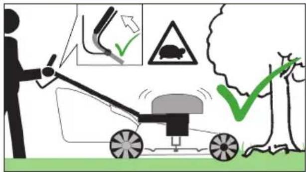 Illustration showing a person using a lawn mower with warning symbols and safety icons